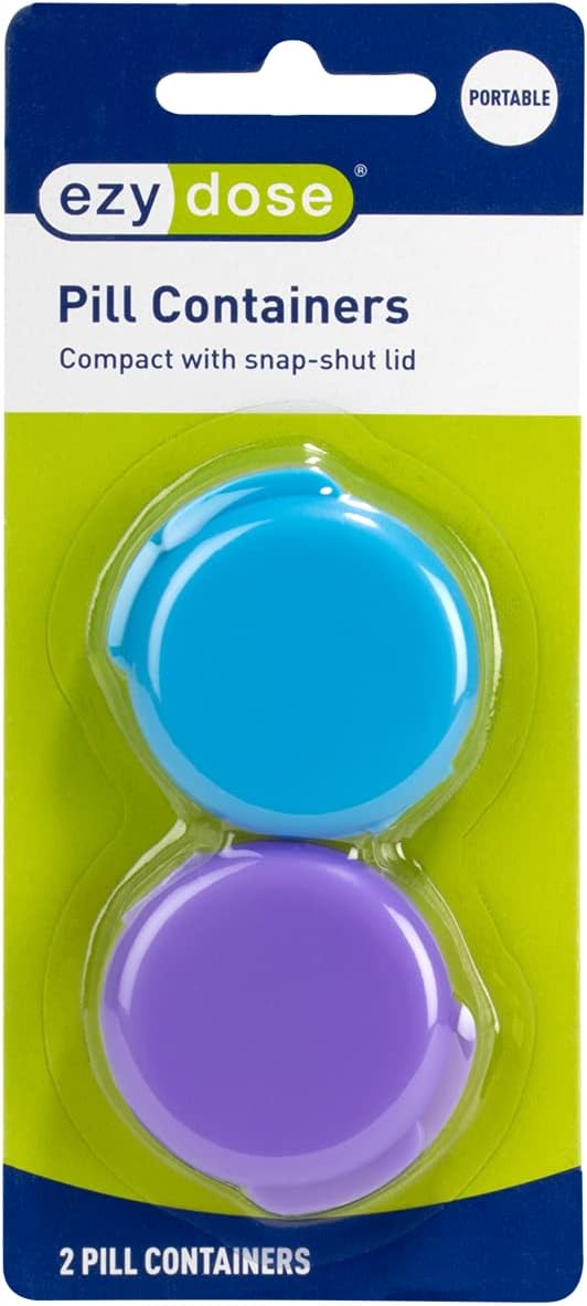 Ezy Dose Daily Round, Portable On-The-Go, Pill Box, Organizer and Vitamin Containers, Snap Shut Lids, Perfect for Traveling, Colors May Vary, 8 Pack