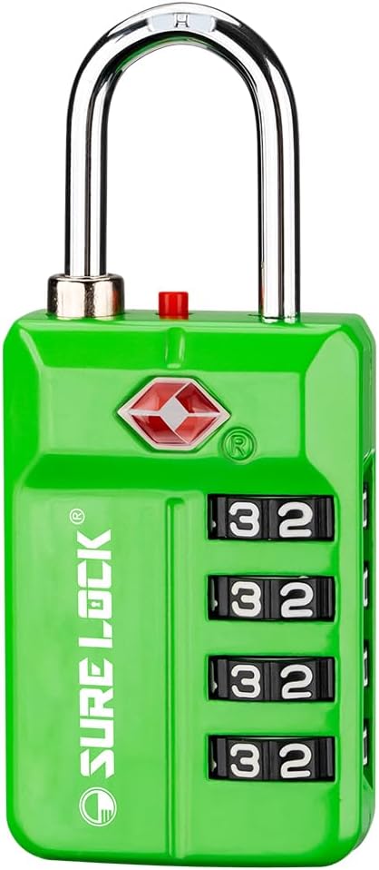 SURE LOCK TSA Approved 4-Digit Resettable Combination Luggage Lock with Open Alert, Easy-Read Dials - for Luggage, School Lockers, Gym, Office, Toolbox & Security Cases(Green 1 Pack)