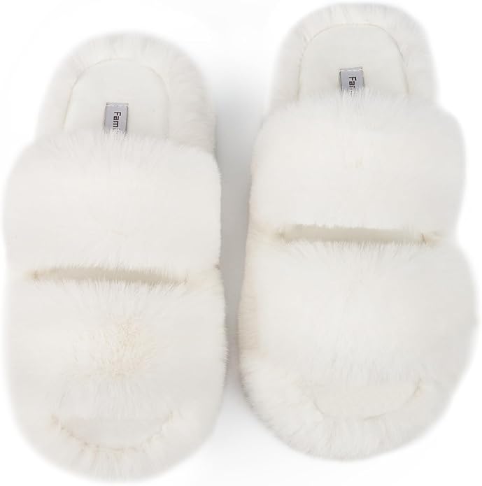 FamilyFairy Women's Fluffy Faux Fur Slippers Comfy Open Toe Two Band Slides with Fleece Lining and Rubber Sole