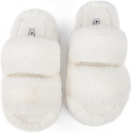 FamilyFairy Women's Fluffy Faux Fur Slippers Comfy Open Toe Two Band Slides with Fleece Lining and Rubber Sole