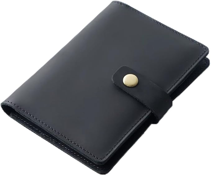 Genuine Full Grain Leather Passport Holder, Slim Bifold with Snap Button Closure, 5 Card Slots, Men's Travel Wallet (BLACK)