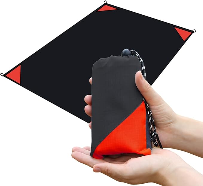 Orga'Neat Pocket Picnic Blanket, Beach Mat Waterproof Sandproof, Compact Lightweight Small Tarp for Camping, Hiking, Backpacking, Festival, Travel, Foldable in Bags (Black/Red, 55"x39")