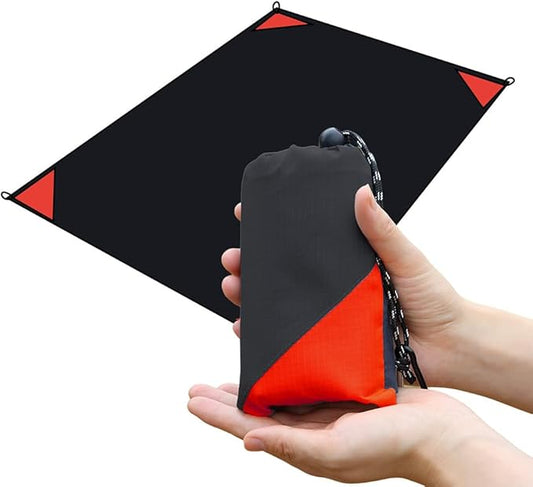 Orga'Neat Pocket Picnic Blanket, Beach Mat Waterproof Sandproof, Compact Lightweight Small Tarp for Camping, Hiking, Backpacking, Festival, Travel, Foldable in Bags (Black/Red, 55"x39")