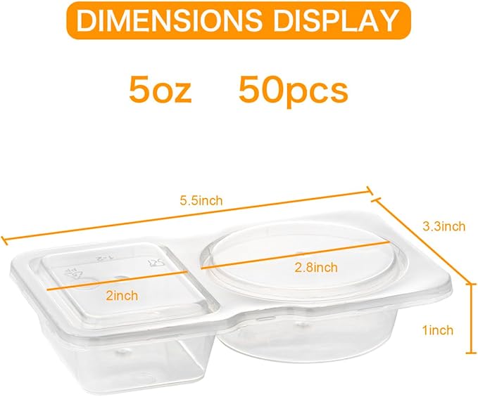 50 Pack Double Compartment Condiment Container with Lid, 5oz Disposable Small Snack Container 2 Compartment for Meal Prep, Salad Dressing, Dipping Sauce, Travel Snacks
