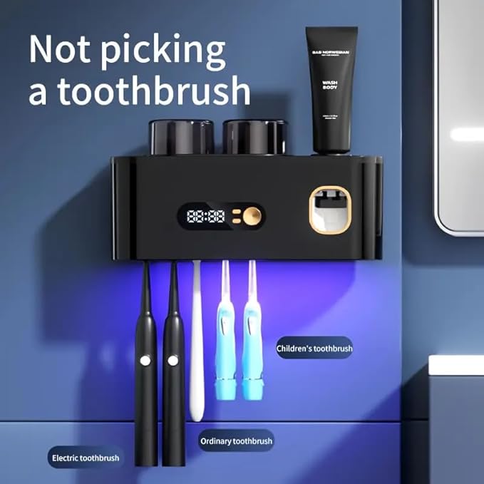 UV Toothbrush Sanitizer Wall Mount No Drill with Toothpaste Dispenser, Clock Time Display Toothbrush Holder Family Size, Electric Toothbrush Organizer Cleaner for Bathroom