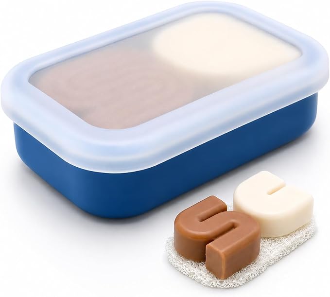 AIDIMMING Large Silicone Travel Soap Case,Clear Lid Leak-Proof Shampoo Bar Holder for Kitsch Shampoo & Conditioner Bar Set, Drain Tray Soap Container for Large Soap Bars, Gym Camping Bathroom, Blue