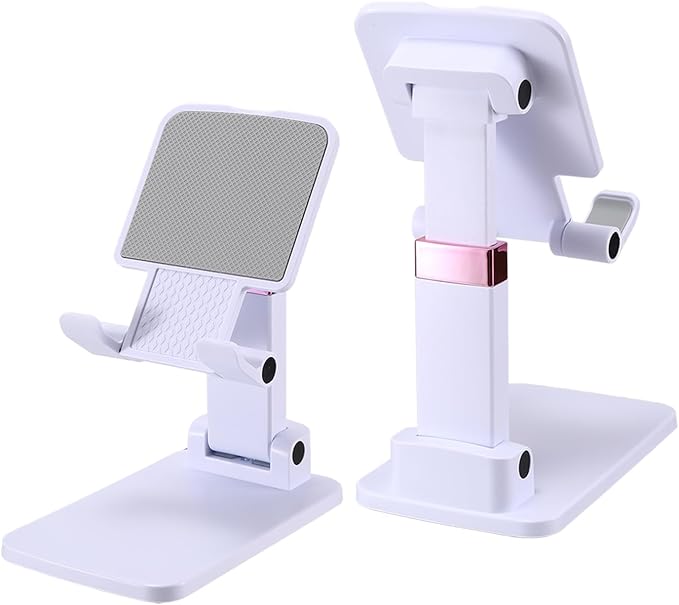 Phone Stand for Desk, Cell Phone Holder Adjustable Office Cellphone Stand for Desk Adjustable Tablet Stands Compact Design for iPhone iPad Android Devices Under 12", White