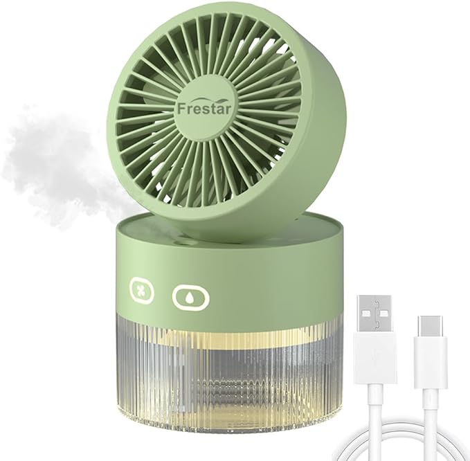 Personal Cooling Fan and Small Air Humidifier 350ml with LED Night Light, Desktop USB Charging 3 in 1 for Office and Small Room, No Battery, Green