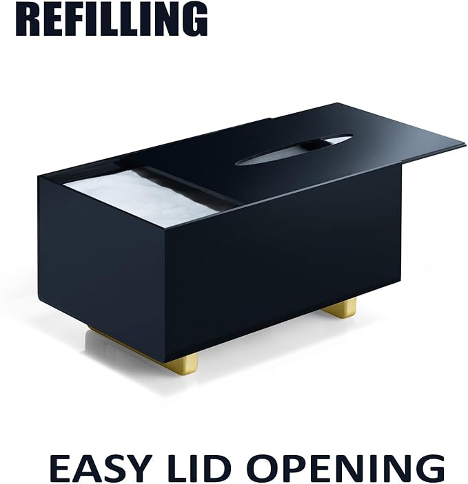 YoBa Thick Black Acrylic Tissue Box Holder Rectangular Tissue Box Dispenser with Gold Plated Aluminum Legs for Bathroom, Kitchen, Bedroom, Office, Hotel and Restaurant