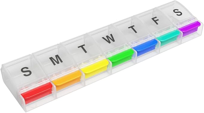 EZY DOSE Weekly (7-Day) Pill Case, Medicine Planner, Daily Vitamin Organizer Box, X-Large Push-Button Compartments, Convenient and Easy to Use, Arthritis Friendly, Clear Lids, Rainbow, BPA Free