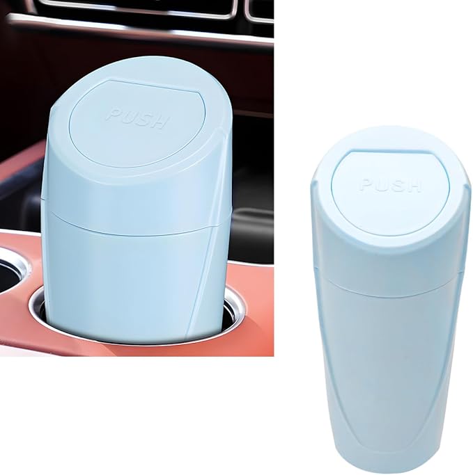 Car Trash Can with Lid, Portable Leakproof Auto Cup Holder Door Garbage Container, Multipurpose Waterproof Mini Cup Holder Trash Can Interior Organizer for Car Home Office (Light Blue)