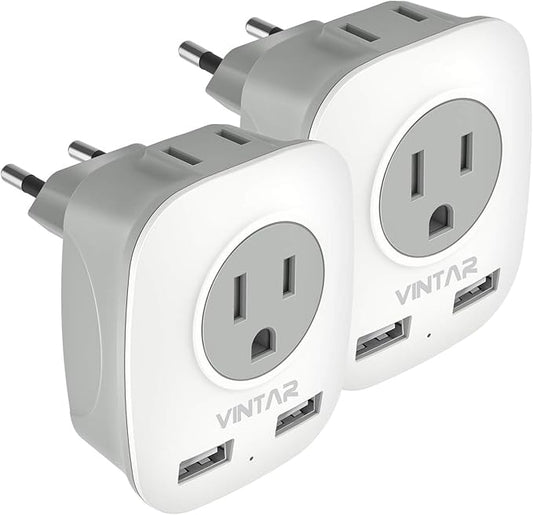 2 Pack European Travel Plug Adapter, VINTAR International Power Plug Adapter with 2 USB Ports,2 American Outlets- 4 in 1 Outlet Adapter,Travel Essentials to Italy,Greece,France, Spain (Type C)