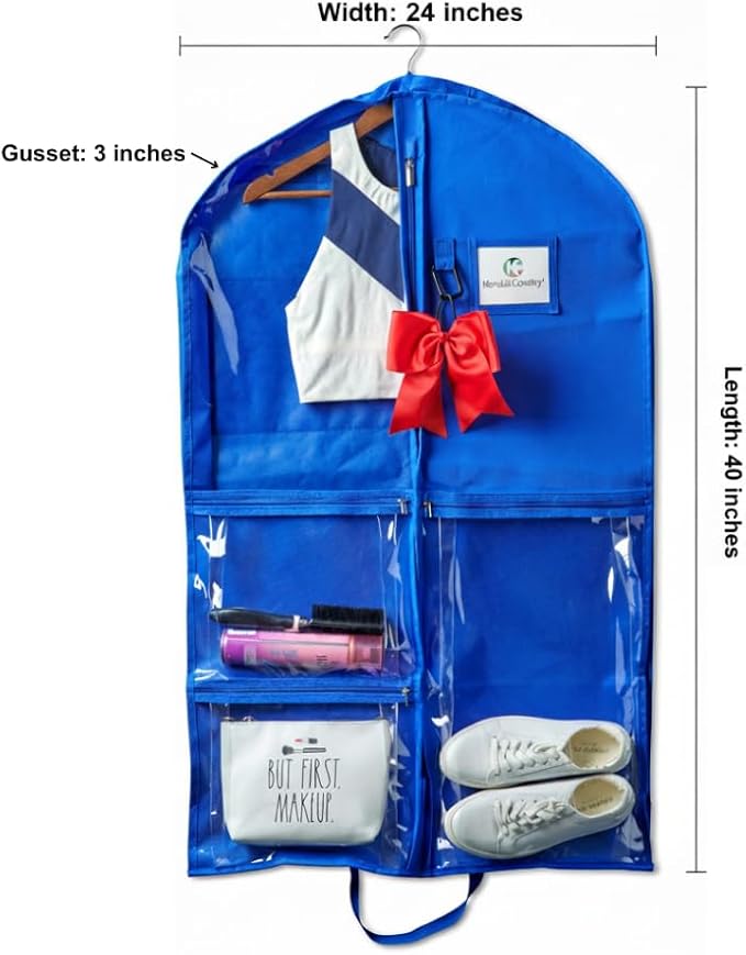 Waterproof Hanging Garment Bag 40 inch Clothes Bag with Gusset, 5 Pockets Side Zip for Dance Costumes Sports Skating Theatre Pageants Cheer Cosplay Kendall Country (Royal, 40 inch)