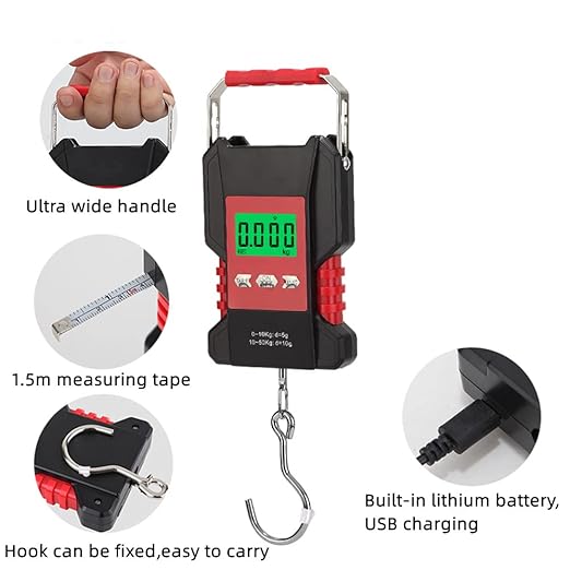 Klau Portable Rechargeable 50 kg / 100 lb Heavy Duty Waterproof Fish Scale Digital Hanging Scale Luggage Scale with Measuring Tape for Home Farm Hunting Outdoor