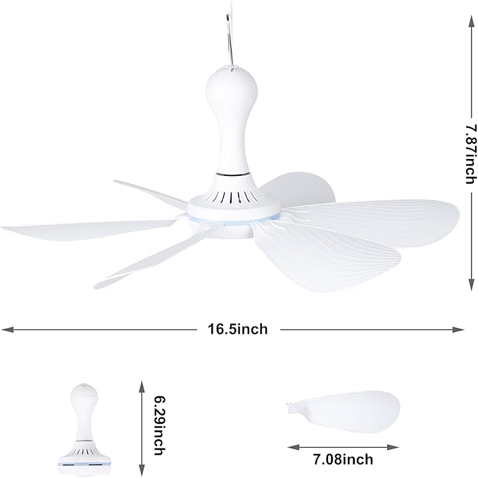 Xindejia USB Powered Small Ceiling Fan 6 Blades Quiet DC 5V USB Hanging Fans for Indoor Outdoor RV Bed Room Dorm Desk Travel Camping Tent Cubicle Mini Portable Canopy Fans - White