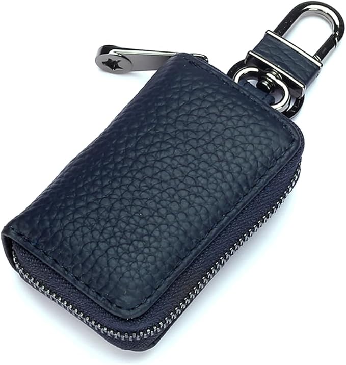 Leather Car Key Case with Zipper, Compact Smart Key Fob Holder with Keychain, Portable Car Key Organizer Pouch