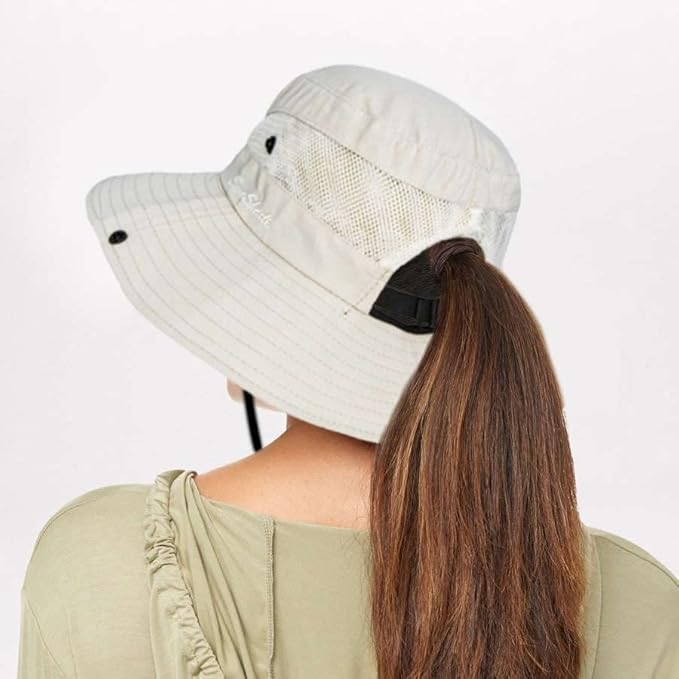 Sun Hat for Women Summer UV Protection Beach Hat Wide Brim Mesh Bucket Fishing Hat with Ponytail Hole Foldable Packable Hat