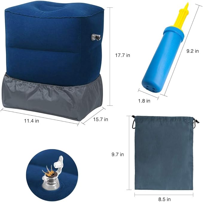 Travel Foot Rest Pillow, Portable Inflatable with Double Hand Pump Adjustable Three Layers Height Pillow for Foot Rest on Airplanes,Cars,Buses,Trains,Office Kids to Sleep on Long Flights (Blue)