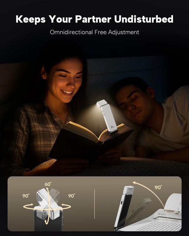 86lux Book Light, Rechargeable Clip-On LED Reading Light for Bed & Night Use - 3 Color Temperatures with Stepless Dimming, Ultralight Bookmark Design for Kids, Book Lovers, White