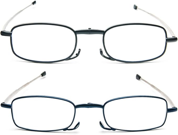 2 Pack Folding Reading Glasses Stainless Steel Mini Anti-Blue Light Blocking Reader for Men Women