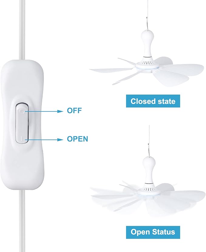 Xindejia USB Powered Small Ceiling Fan 6 Blades Quiet DC 5V USB Hanging Fans for Indoor Outdoor RV Bed Room Dorm Desk Travel Camping Tent Cubicle Mini Portable Canopy Fans - White