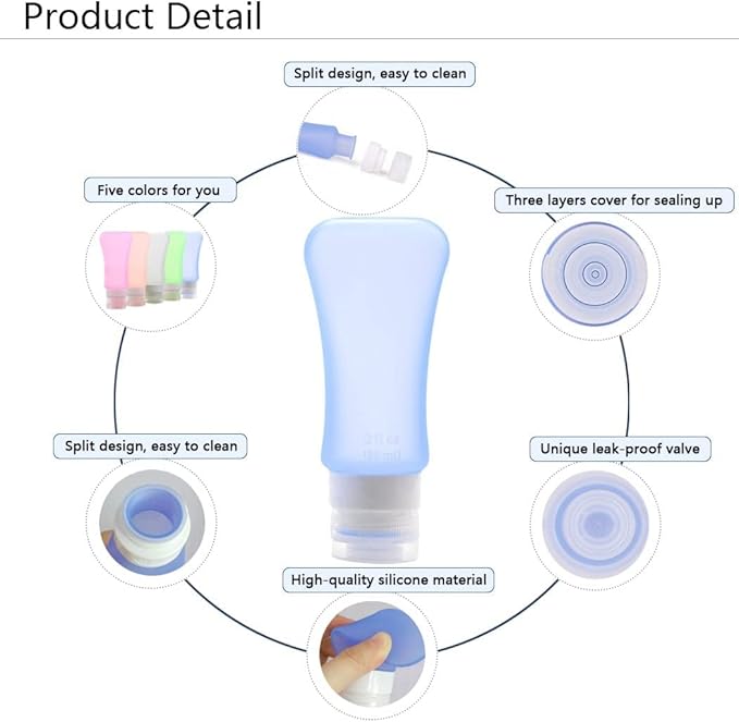 5 Pack TSA Approved Travel Bottles Sets, 3 Ounce Leakproof Silicone Travel Containers Liquid Portable Leakproof Travel Size Bottles for Shampoo Conditioner Lotion Toiletries