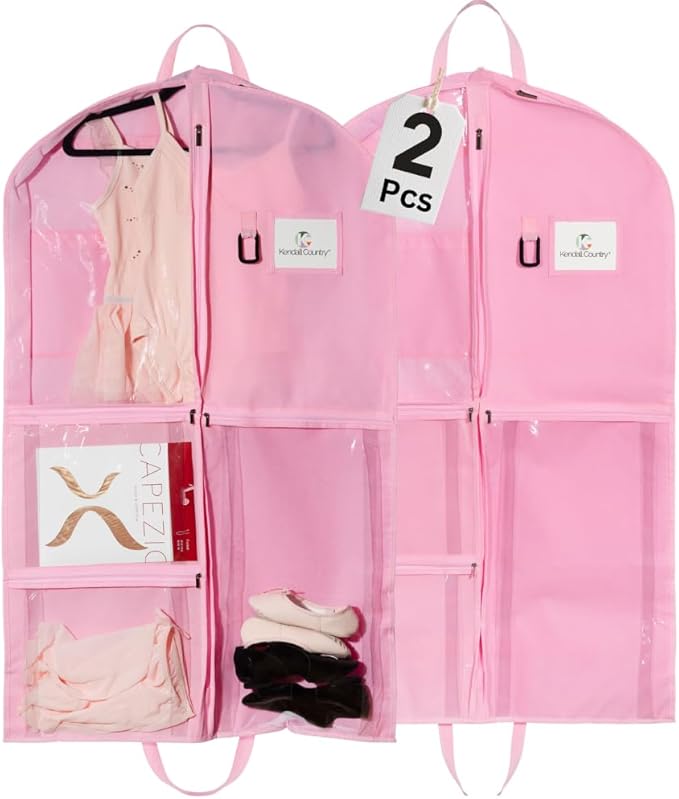Waterproof Hanging Garment Bag 40 inch Clothes Bag with Gusset, 5 Pockets & Side Zip for Dance Costumes, Sports, Skating, Theatre, Beauty Pageants & More by Kendall Country, Cotton Candy Pink