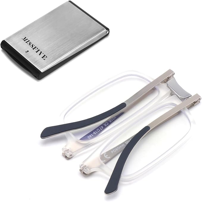 Missfive Premium Folding Foldable Reading Glasses for Men Women Blue Light Blocking, Super-Thin Portable Travel Pocket Readers with Durable Metal Case, Clear Frame, 1.25x