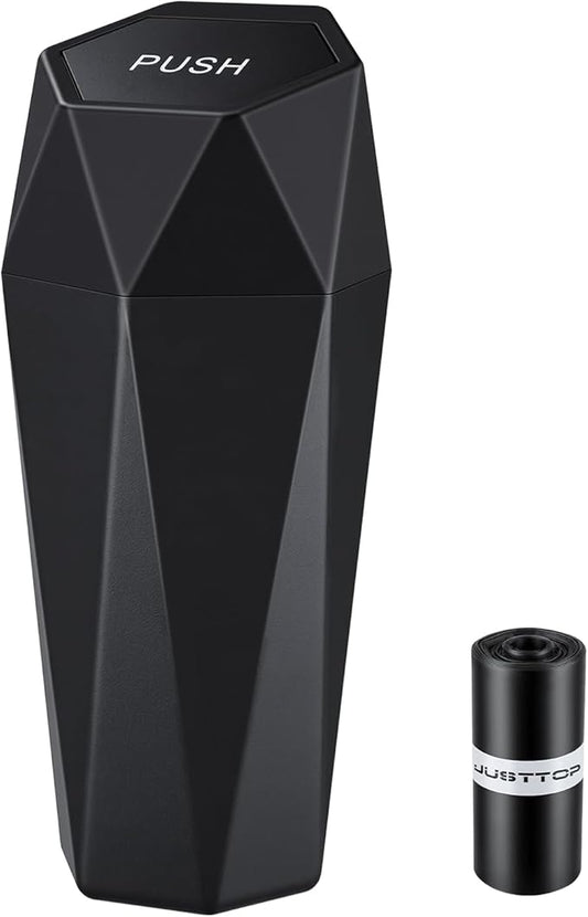 JUSTTOP Car Trash Can with Lid, Diamond Design Small Automatic Portable Trash Can with 1 Trash Bag, Easy to Clean, Used in Car Home Office (Black)