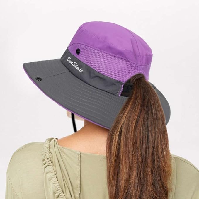 Sun Hat for Women Summer UV Protection Beach Hat Wide Brim Mesh Bucket Fishing Hat with Ponytail Hole Foldable Packable Hat
