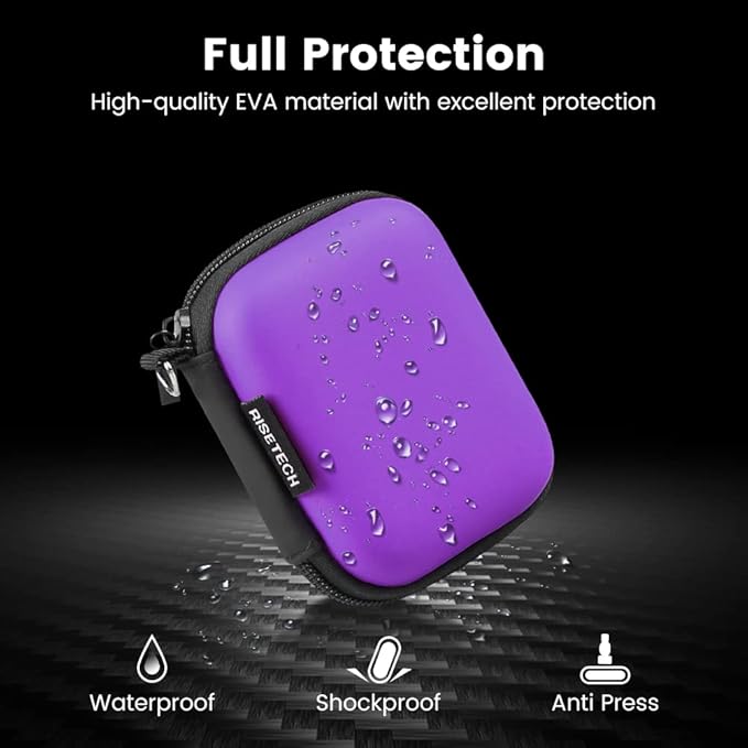 Earbud Case, RISETECH Earphone Case Holder Hard EVA Headphone Small Zipper Pouch Compatible with Wireless in-Ear Headset, SD Cards, USB Charger Cable, AirPods, Sony Wired Earbuds with Keychain -Purple
