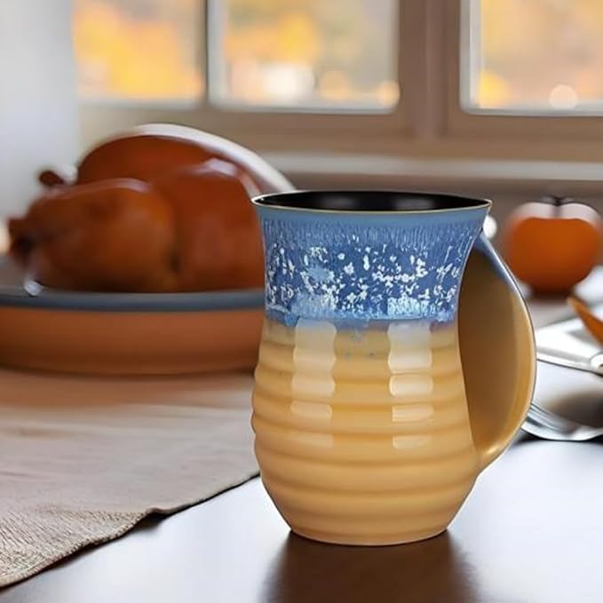 Hand Warmer Coffee Mug - Large Hand Warming Mug 16 Ounce Ceramic Handwarmer Pocket Handmade Pottery Right Handed (Blue,Yellow Sand)