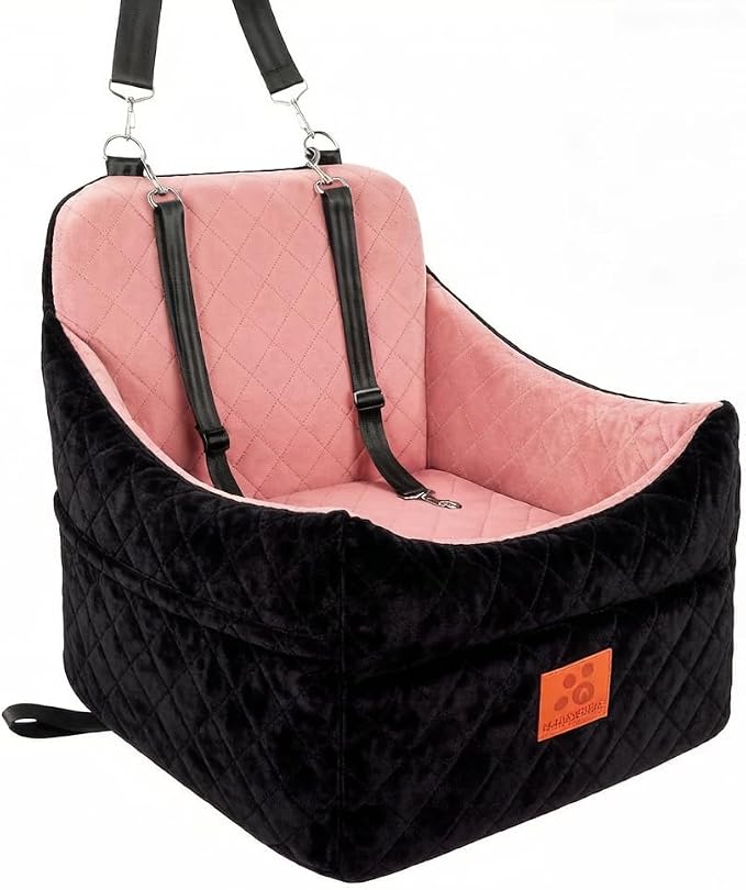 GL GLENSLAVE Dog Car Seat for Small/Medium Dogs, Dog Booster Car Seats with Thick Cushion for Dogs Under 35 lbs, Detachable Washable Pet Carseat with Storage Pockets, 2 Safety Belts(Black/Pink)