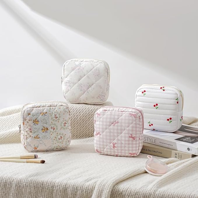 Small Quilted Cotton Makeup Bag for Purse, Cosmetic Bag with Compartments, Cotton Aesthetic Makeup Bag, Travel Toiletry Pouch, Lipstick Bag Card Holder Data Cable Organizer (16Striated Flower)