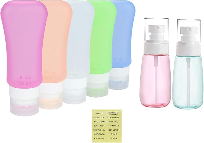 7 Pack Travel Bottle Set, 3 Ounce TSA Approved Leakproof Silicone Containers and 100ml/3.50z Fine Mist Hairspray Bottle Refillable Containers for Cosmetic Skincare Perfume