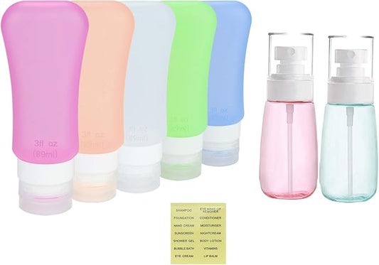 7 Pack Travel Bottle Set, 3 Ounce TSA Approved Leakproof Silicone Containers and 100ml/3.50z Fine Mist Hairspray Bottle Refillable Containers for Cosmetic Skincare Perfume