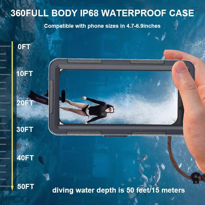 2026 Underwater Snorkeling Diving Phone Case for Phone 17/16/15/14/13/12Pro Max/Galaxy S26/S25/S24/S23.(50ft/15m) Professional Scuba Dive Waterproof Case Underwater Photo Video（Blue）
