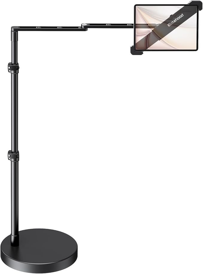 elitehood Diagonal Design iPad Floor Stand with Heavy Duty Base, 24in Horizontal Long Arm Tablet Floor Stand Holder for Bed Recliner Sofa, Compatible with iPad mini Air Pro 13/12.9 and 9-13in Devices