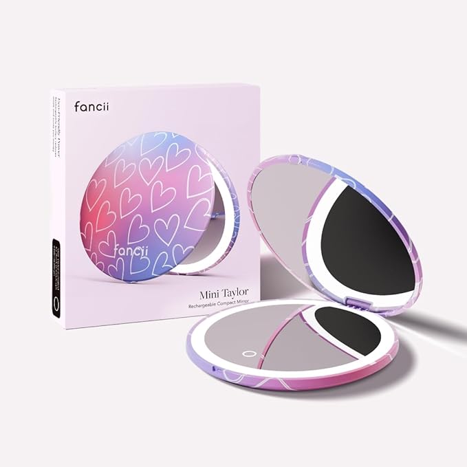 Fancii Mini Taylor Compact Magnifying Mirror with LED Light, 10x/1x, Rechargeable, 3 Light Settings, Dimmable - Small Lighted Travel Handheld Mirror for Pocket, Handbag, Purse, 2-Sided (Lovestruck)