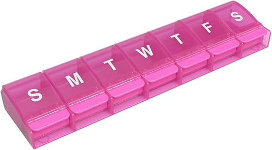 EZY DOSE Weekly (7-Day) Pill Case, Medicine Planner, Daily Vitamin Organizer Box, X-Large Push-Button Compartments, Convenient and Easy to Use, Arthritis Friendly, Transparent Lids, Pink, BPA Free