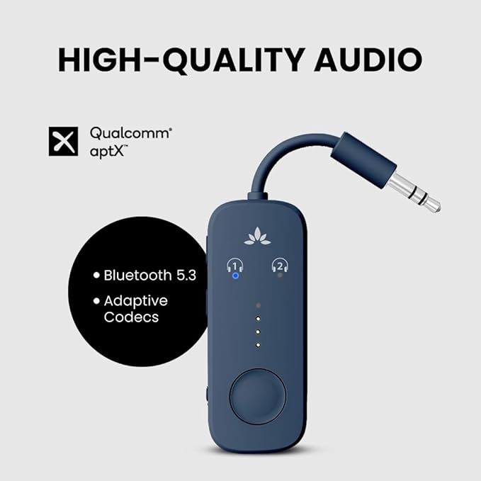 Avantree Relay – Airplane Bluetooth Adapter for AirPods, Bose & Wireless Headphones, Qualcomm Chip, aptX Adaptive & HD Audio Transmitter, 25Hrs Battery, 3.5mm AUX for Flight, Travel & Gym