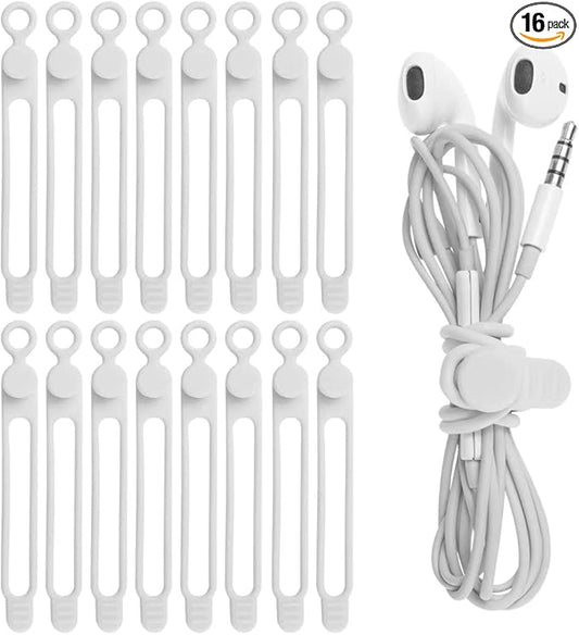 16Pcs Silicone Cable Straps Wire Organizer for Bundling Earphone, Phone Charger, Computer Cords, Reusable Cable Ties Cord Organizer in Home,Office,Kitchen,School(White)