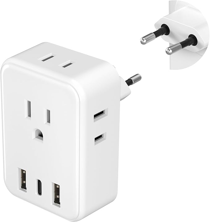 BN-LINK European Travel Plug Adapter, Type C Power Plug Adapter with 4 AC Outlets and 3 USB Ports (1 USB C) for US to Most of Europe Iceland Spain Italy France Germany