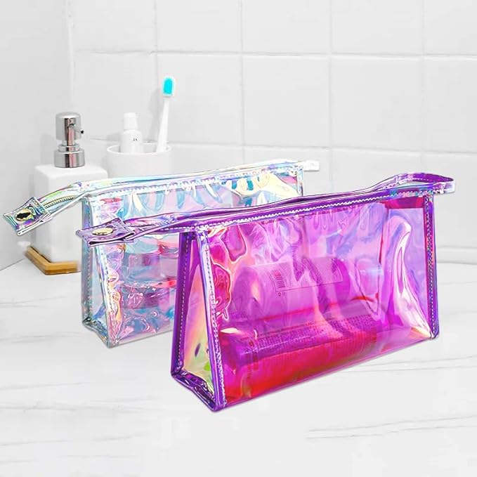 Green Transparent Laser Cosmetic Bag Iridescent Holographic Waterproof PVC Makeup Organizer Bag for Women (Pink)