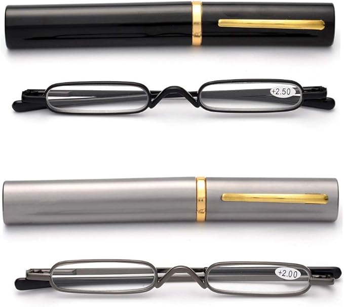 Viseng Slim Mini Metal Reading Glasses Compact Lightweight Portable Readers with Glasses Case for Reading Case,Black+Gray+2.5