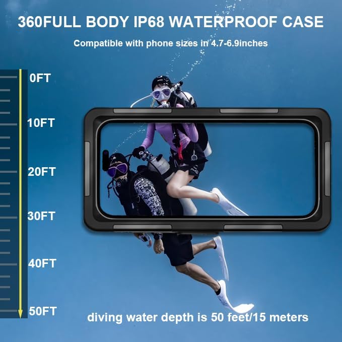 2026 Underwater Snorkeling Diving Phone Case for Phone 17/16/15/14/13/12Pro Max/Galaxy S26/S25/S24/S23.(50ft/15m) Professional Scuba Dive Waterproof Case Underwater Photo Video（Black）