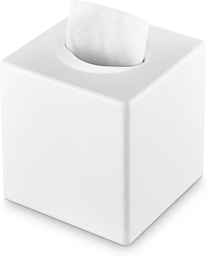 Y-in Hand Tissue Box Cover, Decorative Square Facial Storage Tissue Box Holder, Home Accessories for Bathroom Vanity Countertops, Dressers, Night Stand, Parlors and Office (White)
