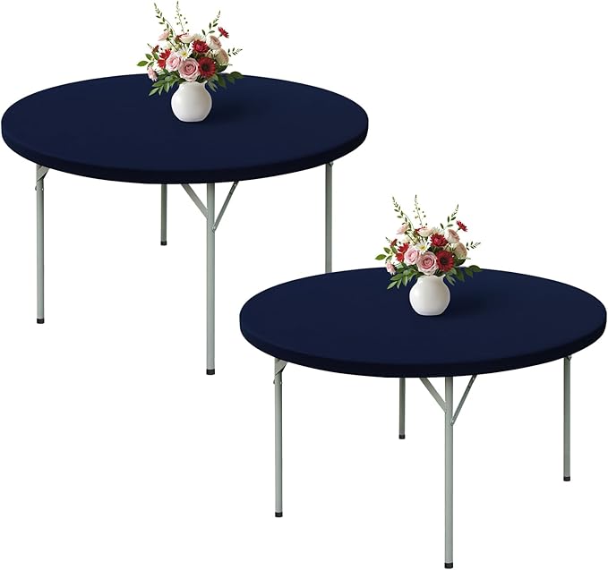 Wolkemer 2 Pack 5 Foot Navy Blue Fitted Tablecloth 60 Inch Round Elastic Edges Table Cloth, Spandex Stretch Table Cover with Machine Washable Fabric for Wedding Party Picnic Dining Indoor Outdoor