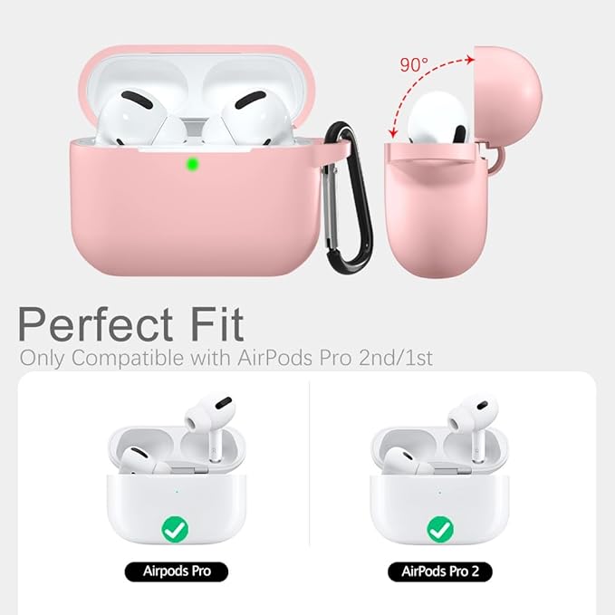 Lerobo Compatible with Apple AirPods Pro Case Cover,Shockproof Washable Silicone Protective Cover Case for Airpod Pro 2 Supports Wireless Charging with Carabiner Front LED Visible,Pink