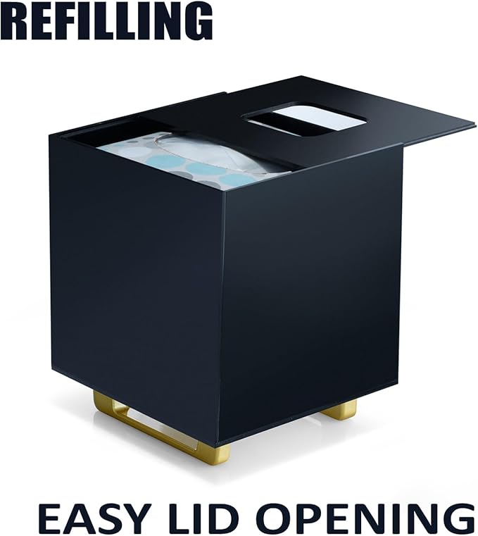 YoBa Thick Black Acrylic Tissue Box Holder Square Tissue Box Dispenser with Gold Plated Aluminum Legs for Bathroom, Kitchen, Bedroom, Office, Hotel and Restaurant
